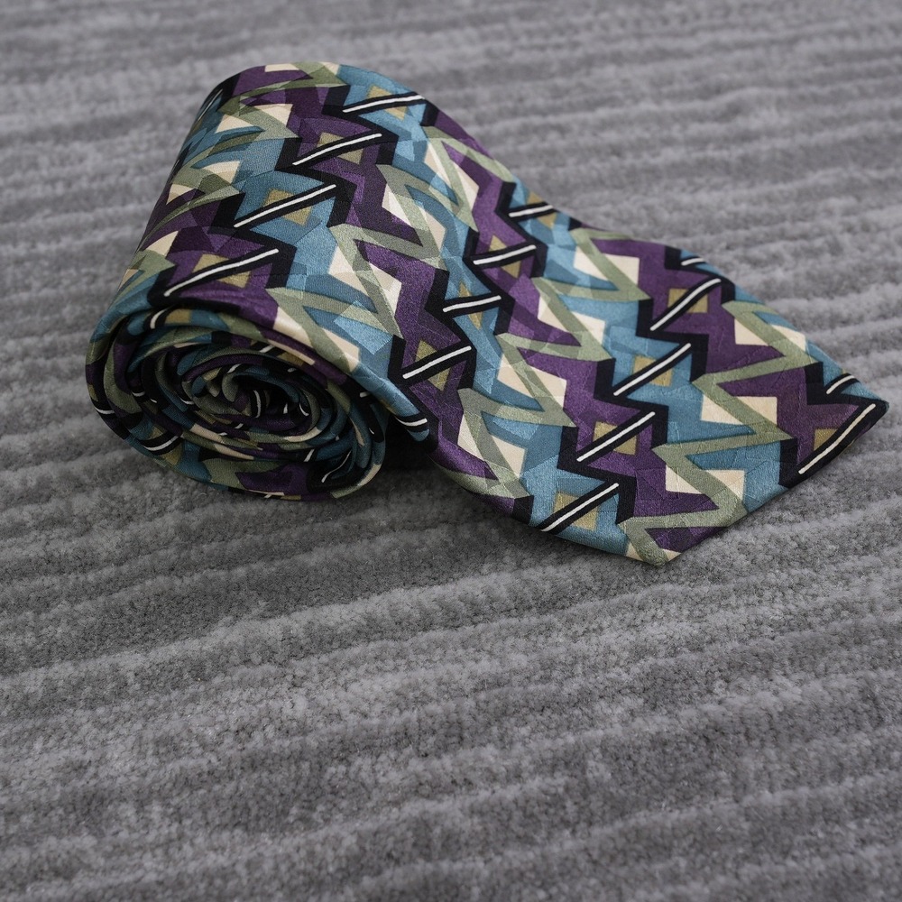Ziggurat Mulberry Neckwear Mens Silk Tie Purple Teal Geometric Zigzag Vintage